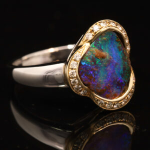 Yellow Gold and White Gold Blue Green Purple Boulder Opal and Diamond Ring