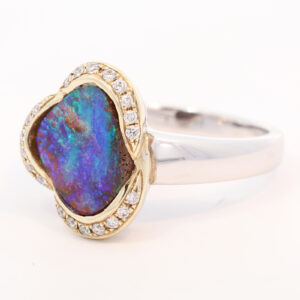 Yellow Gold and White Gold Blue Green Purple Boulder Opal and Diamond Ring