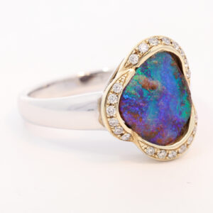 Yellow Gold and White Gold Blue Green Purple Boulder Opal and Diamond Ring