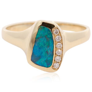 Yellow Gold Blue Green Boulder Opal and Diamond Ring
