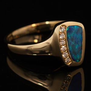 Yellow Gold Blue Green Boulder Opal and Diamond Ring