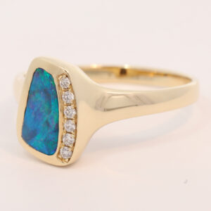 Yellow Gold Blue Green Boulder Opal and Diamond Ring