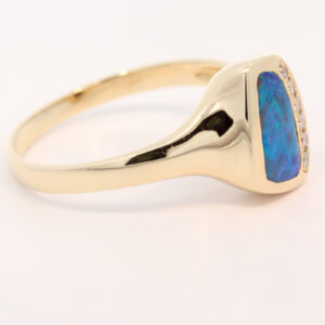Yellow Gold Blue Green Boulder Opal and Diamond Ring