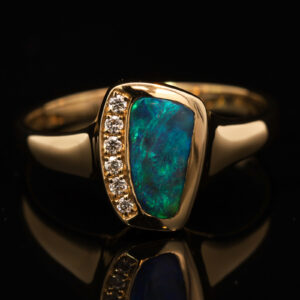 Yellow Gold Blue Green Boulder Opal and Diamond Ring