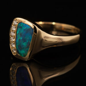 Yellow Gold Blue Green Boulder Opal and Diamond Ring