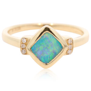 Yellow Gold Blue Green Boulder Opal and Diamond Ring