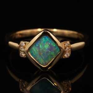 Yellow Gold Blue Green Boulder Opal and Diamond Ring