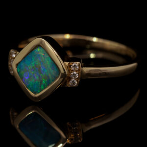 Yellow Gold Blue Green Boulder Opal and Diamond Ring