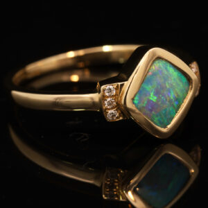Yellow Gold Blue Green Boulder Opal and Diamond Ring