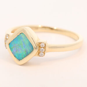 Yellow Gold Blue Green Boulder Opal and Diamond Ring