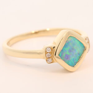 Yellow Gold Blue Green Boulder Opal and Diamond Ring