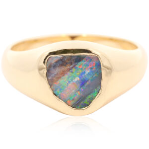 Yellow Gold Blue Green Yellow Orange Red Boulder Opal Men's Ring