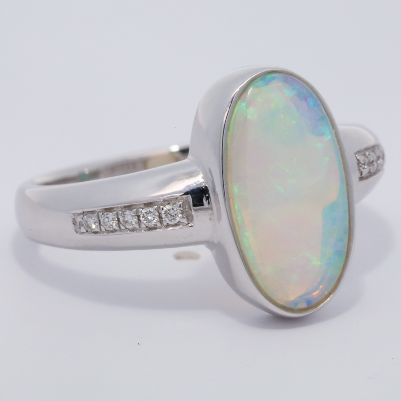 White Gold Blue Green Crystal Opal and Diamond Ring