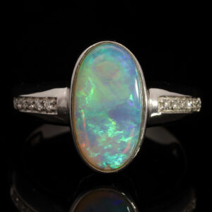 White Gold Blue Green Crystal Opal and Diamond Ring