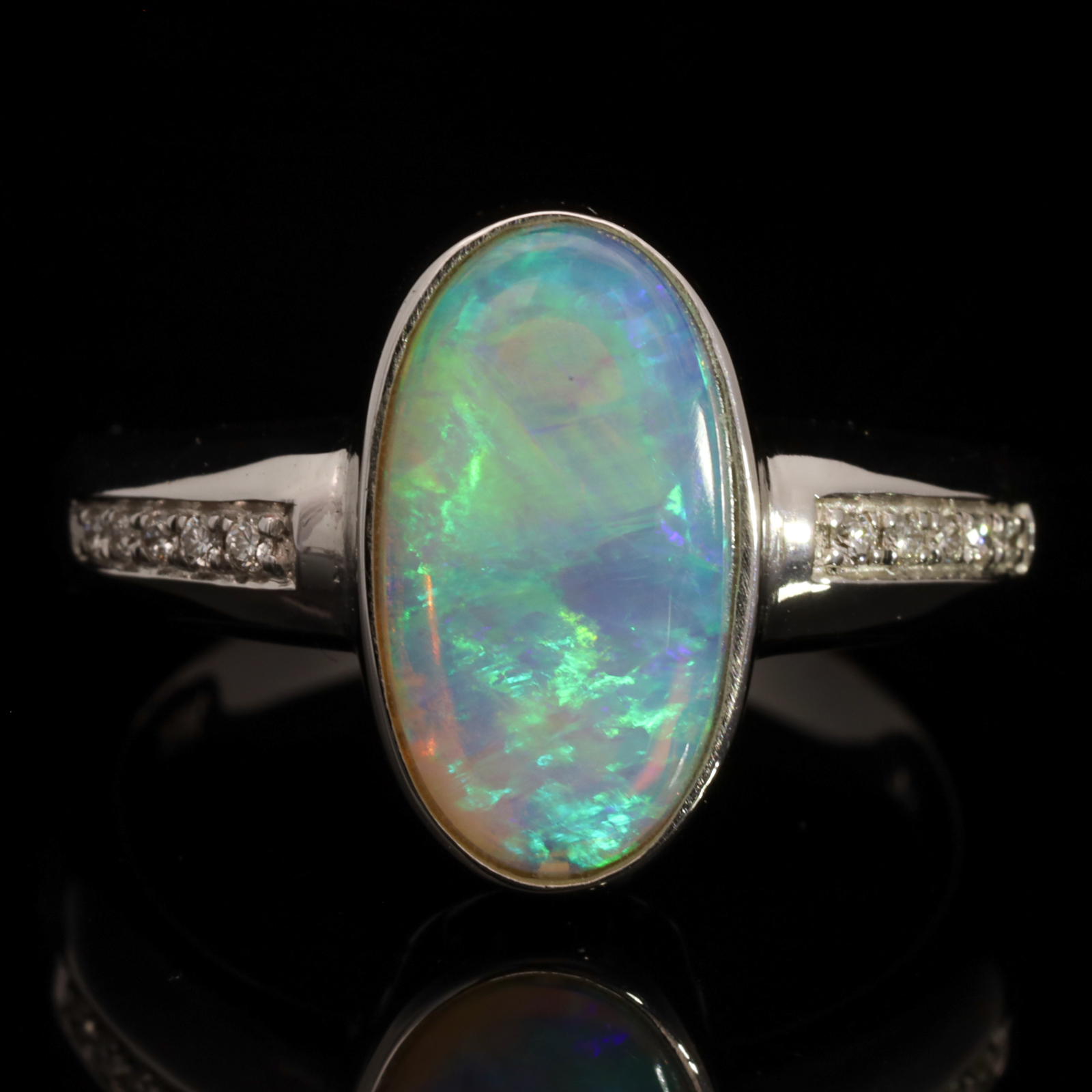 White Gold Blue Green Crystal Opal and Diamond Ring