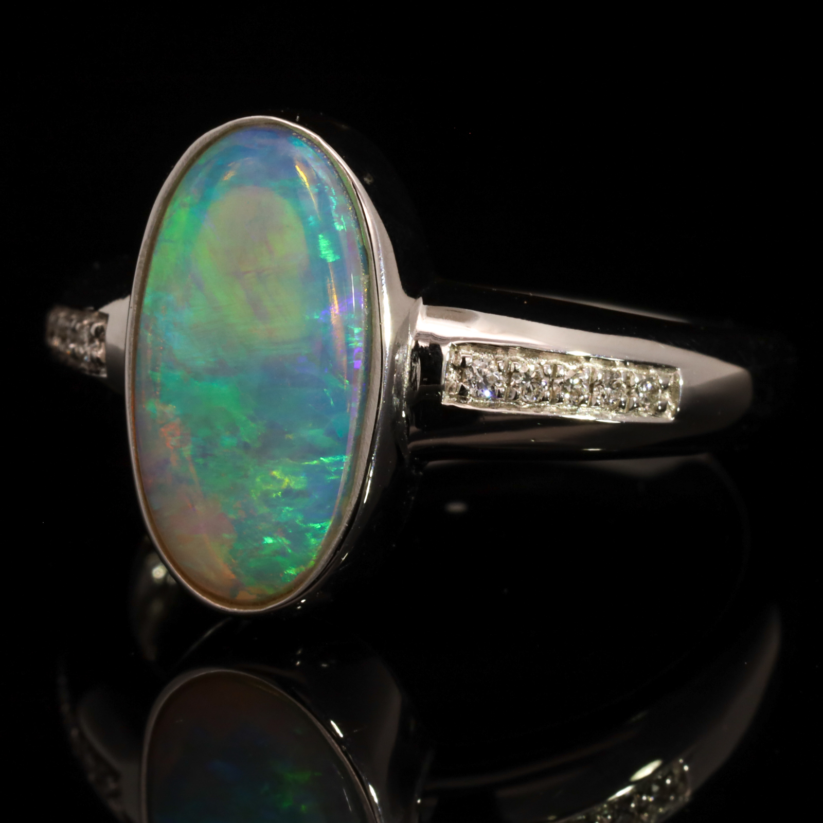 White Gold Blue Green Crystal Opal and Diamond Ring