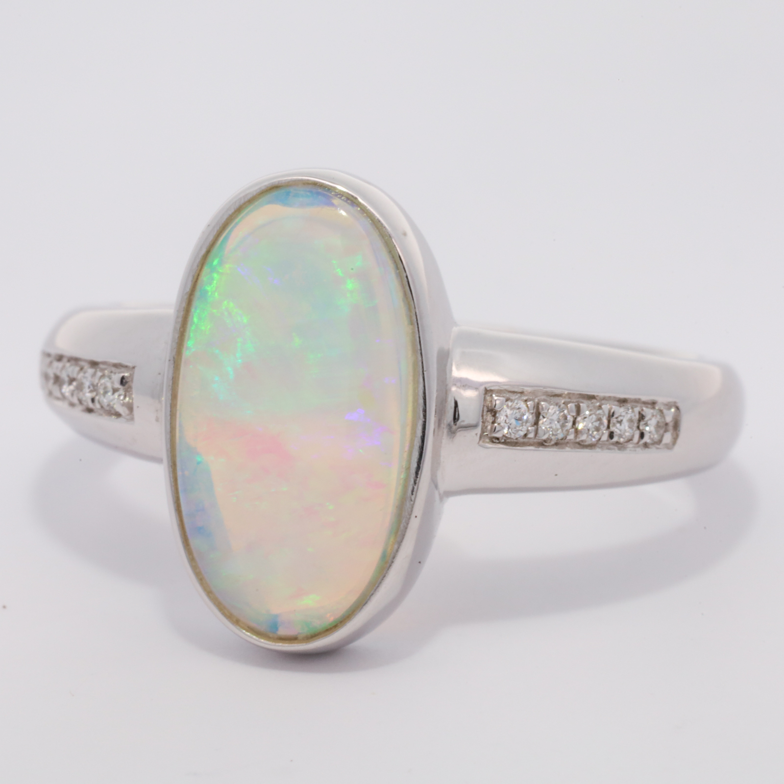 White Gold Blue Green Crystal Opal and Diamond Ring
