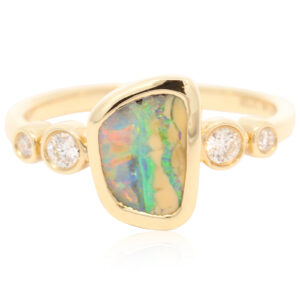 Yellow Gold Blue Green Yellow Orange Red Boulder Opal and Diamond Ring