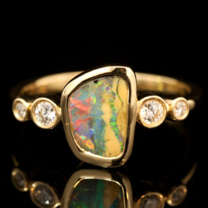 Yellow Gold Blue Green Yellow Orange Red Boulder Opal and Diamond Ring