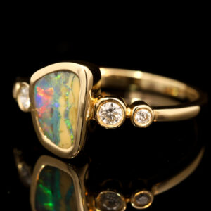 Yellow Gold Blue Green Yellow Orange Red Boulder Opal and Diamond Ring