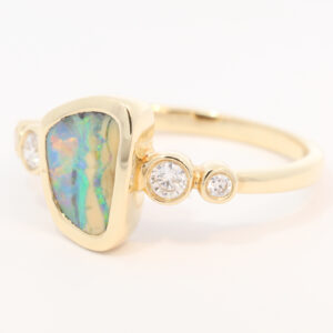 Yellow Gold Blue Green Yellow Orange Red Boulder Opal and Diamond Ring