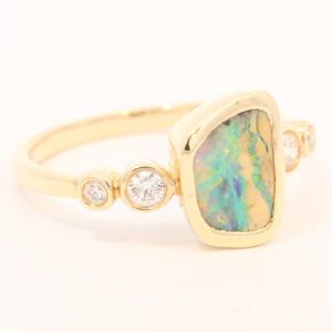 Yellow Gold Blue Green Yellow Orange Red Boulder Opal and Diamond Ring