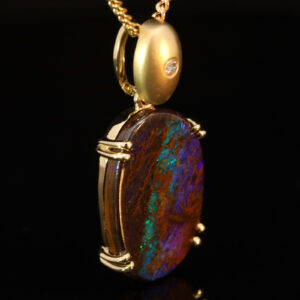 Yellow Gold Blue Green Purple Boulder Opal and Diamond Pendant
