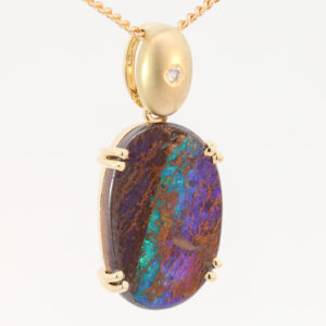 Yellow Gold Blue Green Purple Boulder Opal and Diamond Pendant