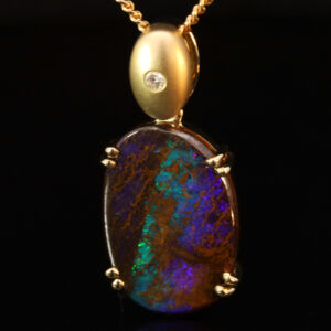 Yellow Gold Blue Green Purple Boulder Opal and Diamond Pendant