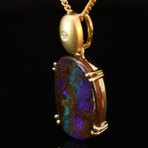 Yellow Gold Blue Green Purple Boulder Opal and Diamond Pendant