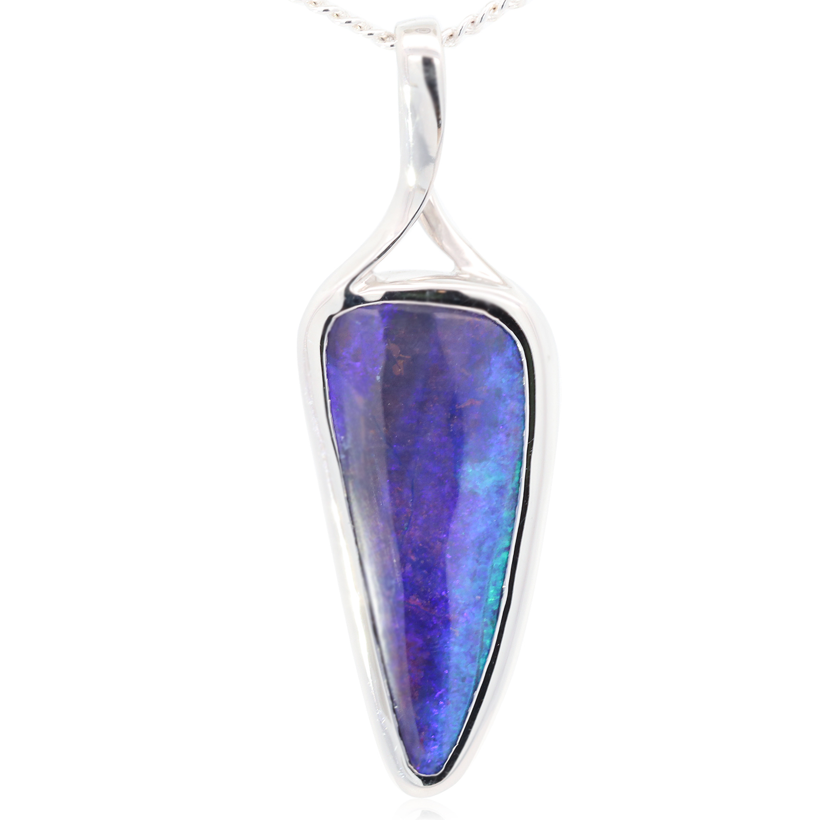 White Gold Blue Green Purple Boulder Opal Pendant