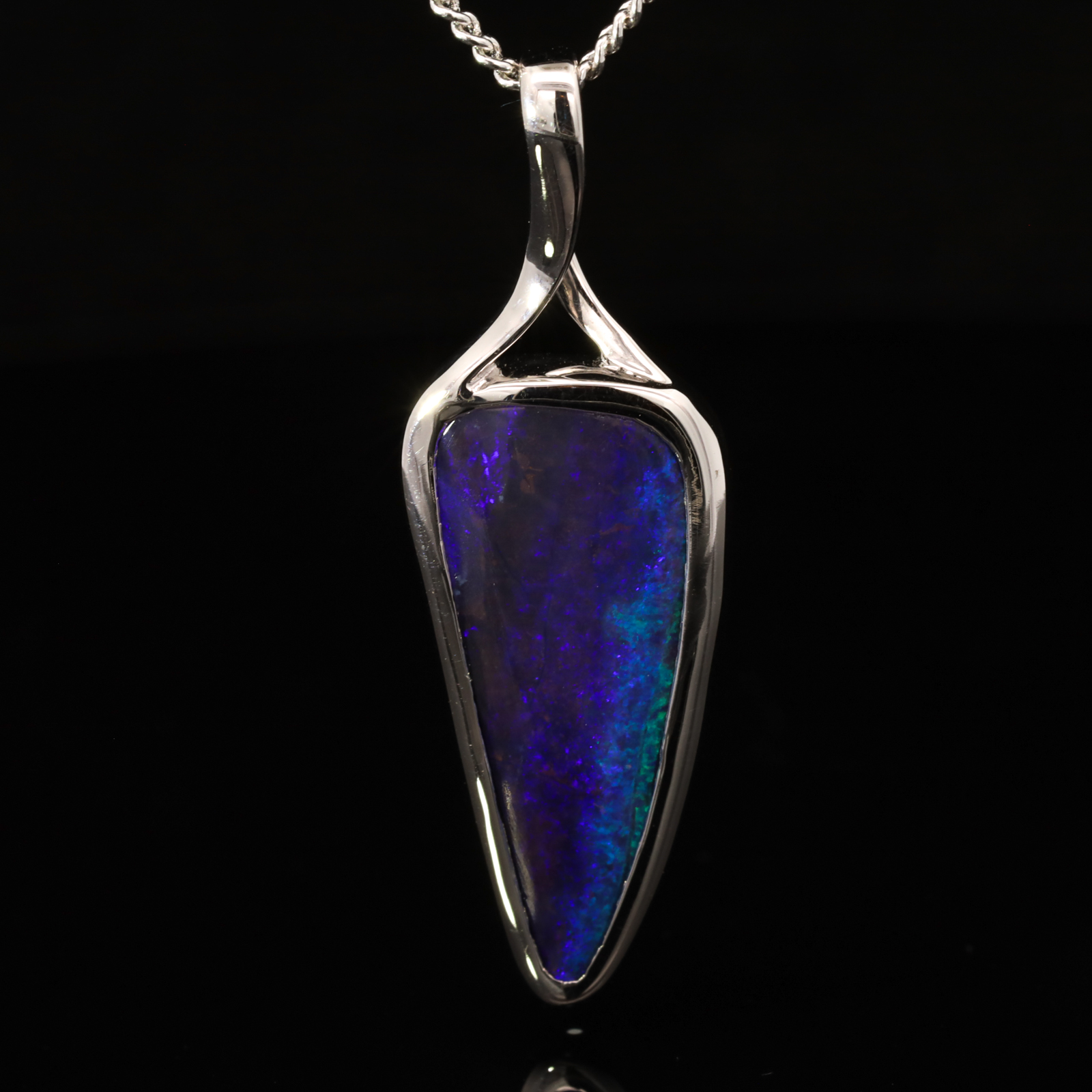 White Gold Blue Green Purple Boulder Opal Pendant