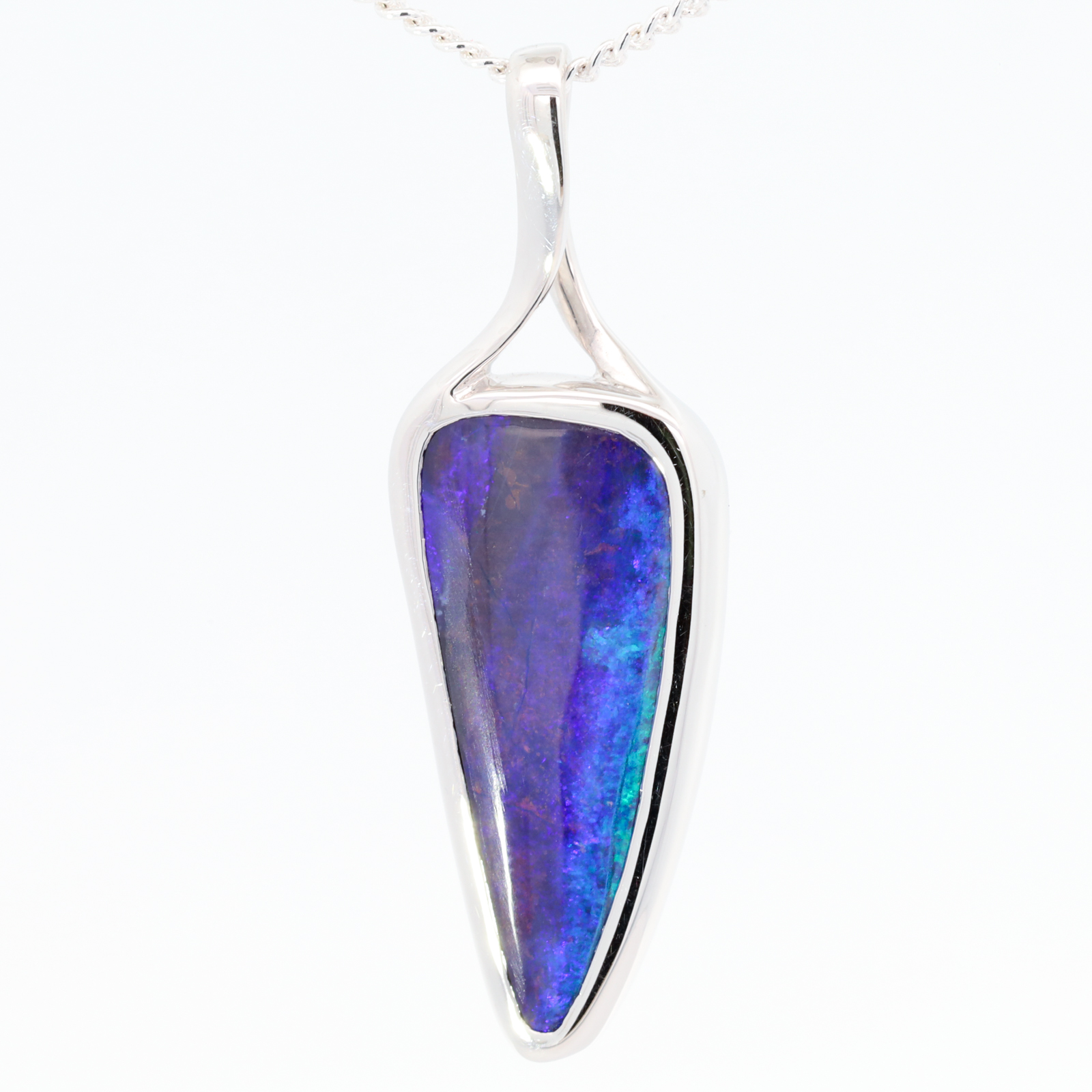 White Gold Blue Green Purple Boulder Opal Pendant