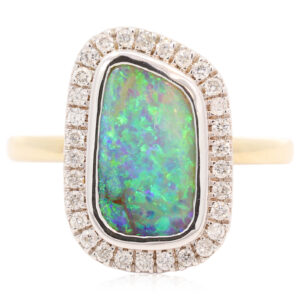 Yellow and White Gold Blue Green Boulder Opal and Diamond Ring