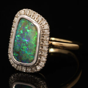 Yellow and White Gold Blue Green Boulder Opal and Diamond Ring