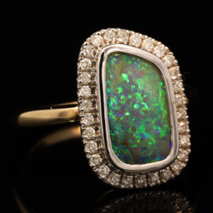 Yellow and White Gold Blue Green Boulder Opal and Diamond Ring