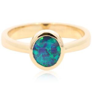 Custom Yellow Gold Blue Green Black Opal Ring