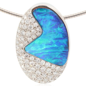 White Gold Blue Green Boulder Opal and Diamond Pendant and chain
