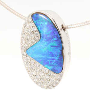 White Gold Blue Green Boulder Opal and Diamond Pendant and chain
