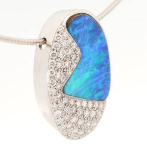 White Gold Blue Green Boulder Opal and Diamond Pendant and chain