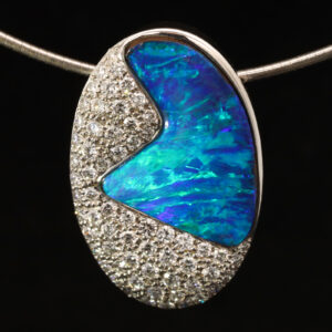White Gold Blue Green Boulder Opal and Diamond Pendant and chain