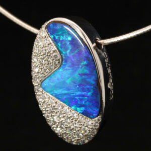 White Gold Blue Green Boulder Opal and Diamond Pendant and chain