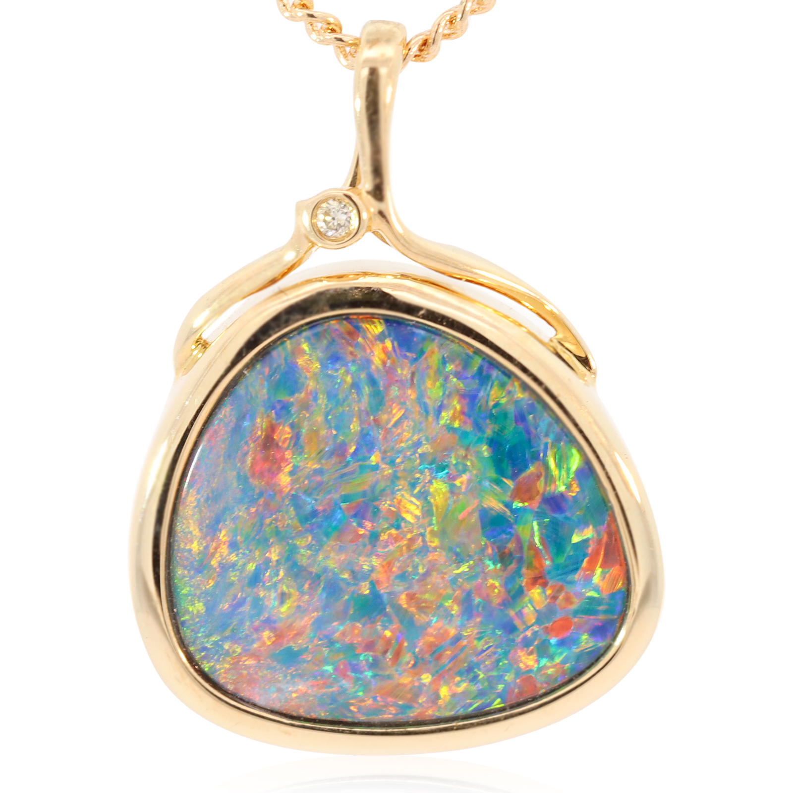 Yellow Gold Blue Green Yellow Orange Red Doublet Opal and Diamond Pendant