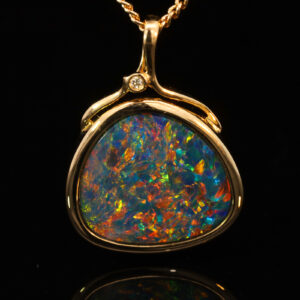 Yellow Gold Blue Green Yellow Orange Red Doublet Opal and Diamond Pendant