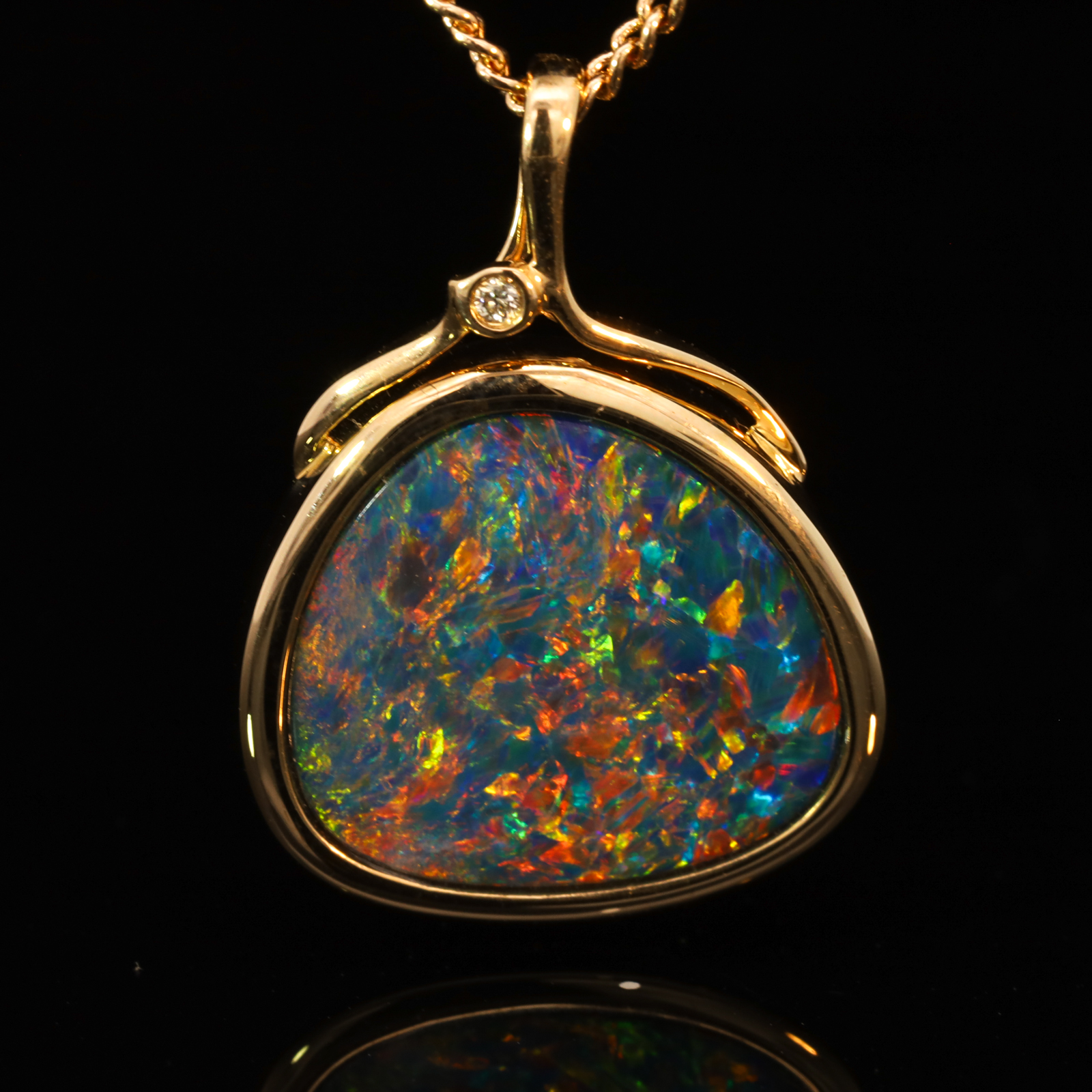 Yellow Gold Blue Green Yellow Orange Red Doublet Opal and Diamond Pendant