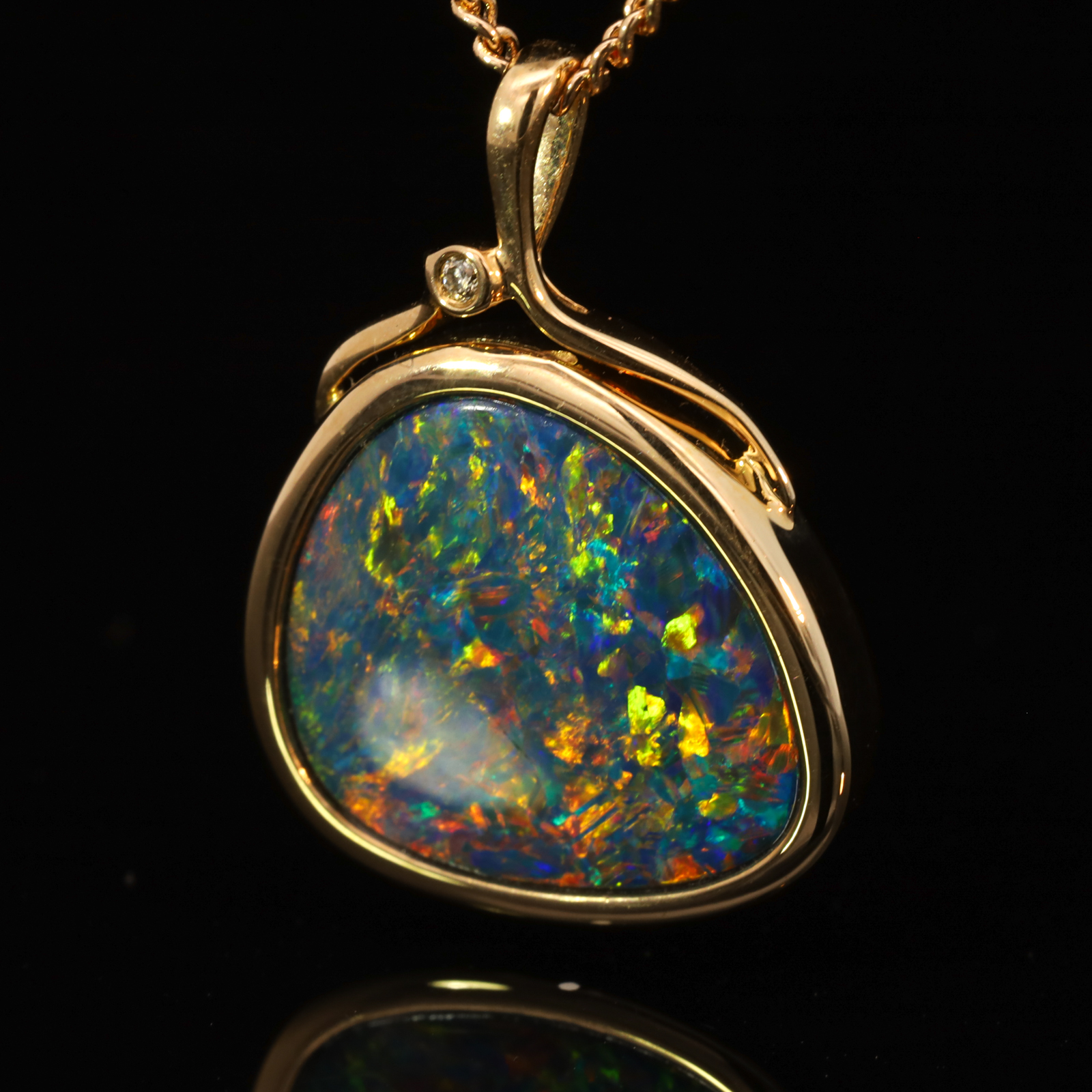 Yellow Gold Blue Green Yellow Orange Red Doublet Opal and Diamond Pendant