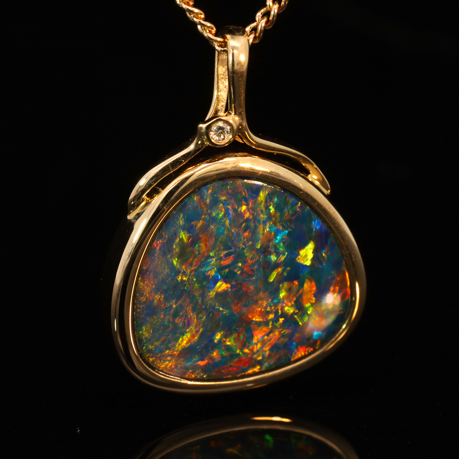 Yellow Gold Blue Green Yellow Orange Red Doublet Opal and Diamond Pendant