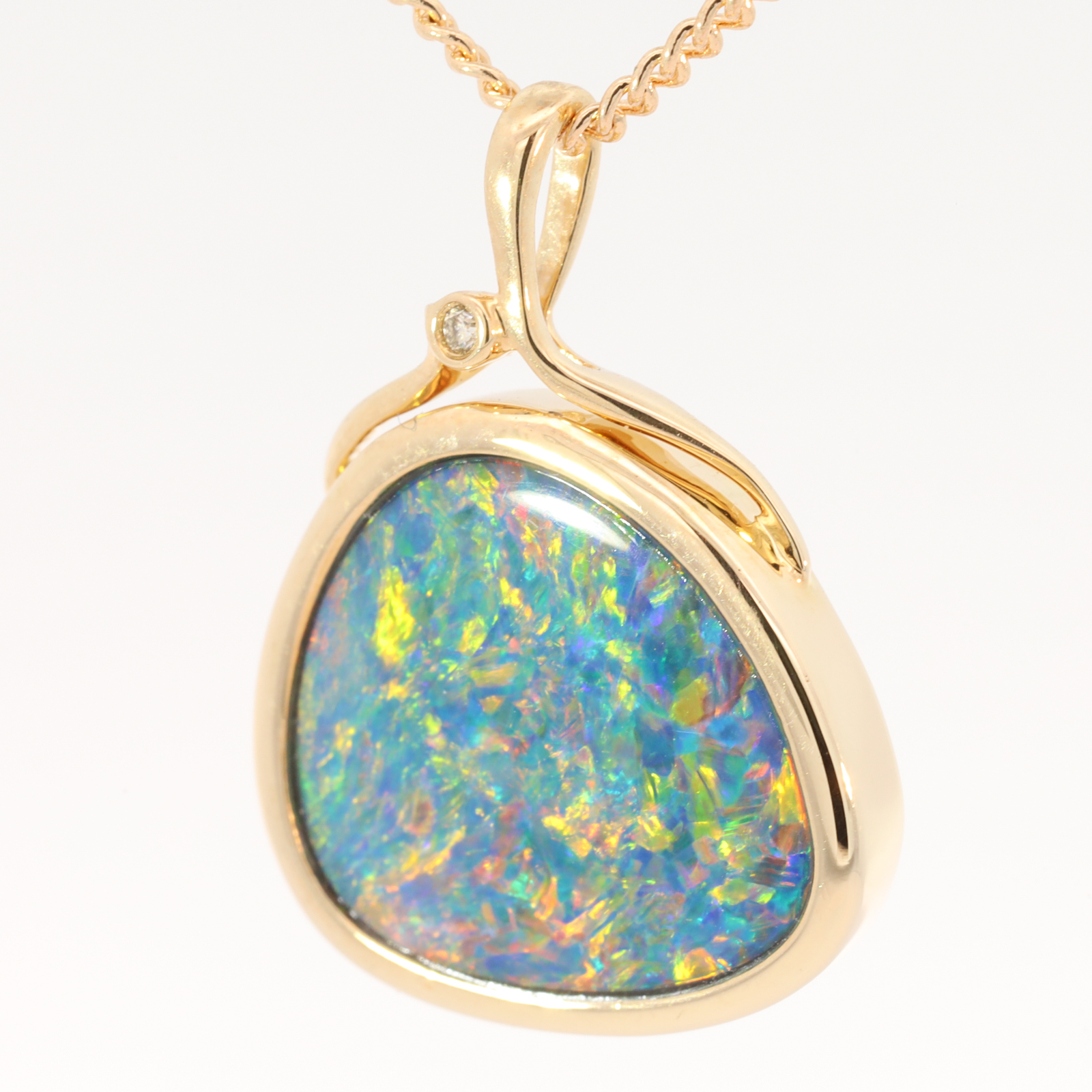 Yellow Gold Blue Green Yellow Orange Red Doublet Opal and Diamond Pendant