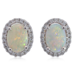 White Gold Blue Green Yellow Orange Crystal Opal and Diamond Earrings