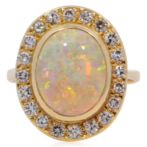 Yellow Gold Blue Green Yellow Orange Red Crystal Opal and Diamond Ring